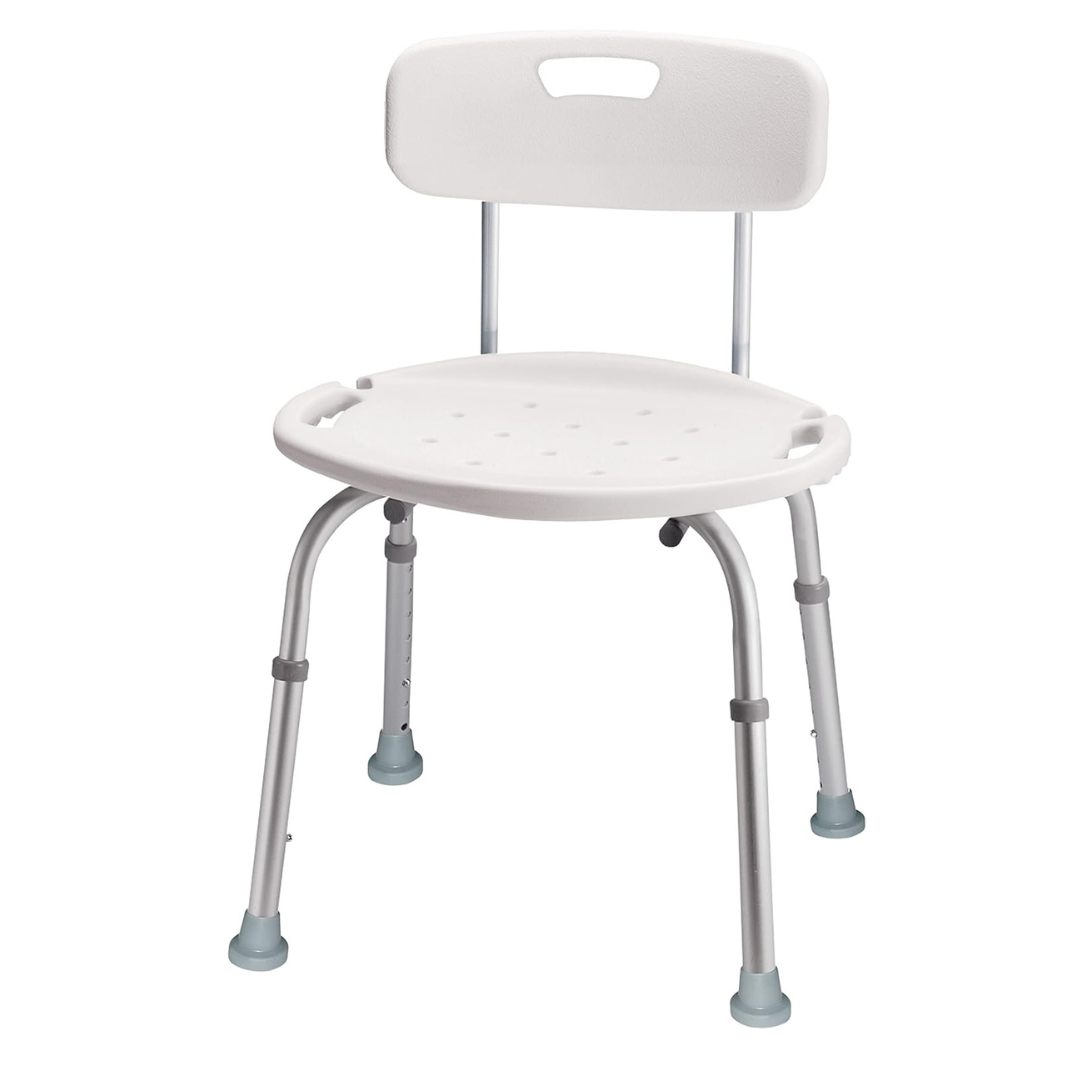 The Carex Bath Chair and Shower Chair is a white, adjustable seat with handles, backrest, drainage holes, and four metal legs with non-slip tips—ideal for elderly users seeking safe and comfortable bathing.